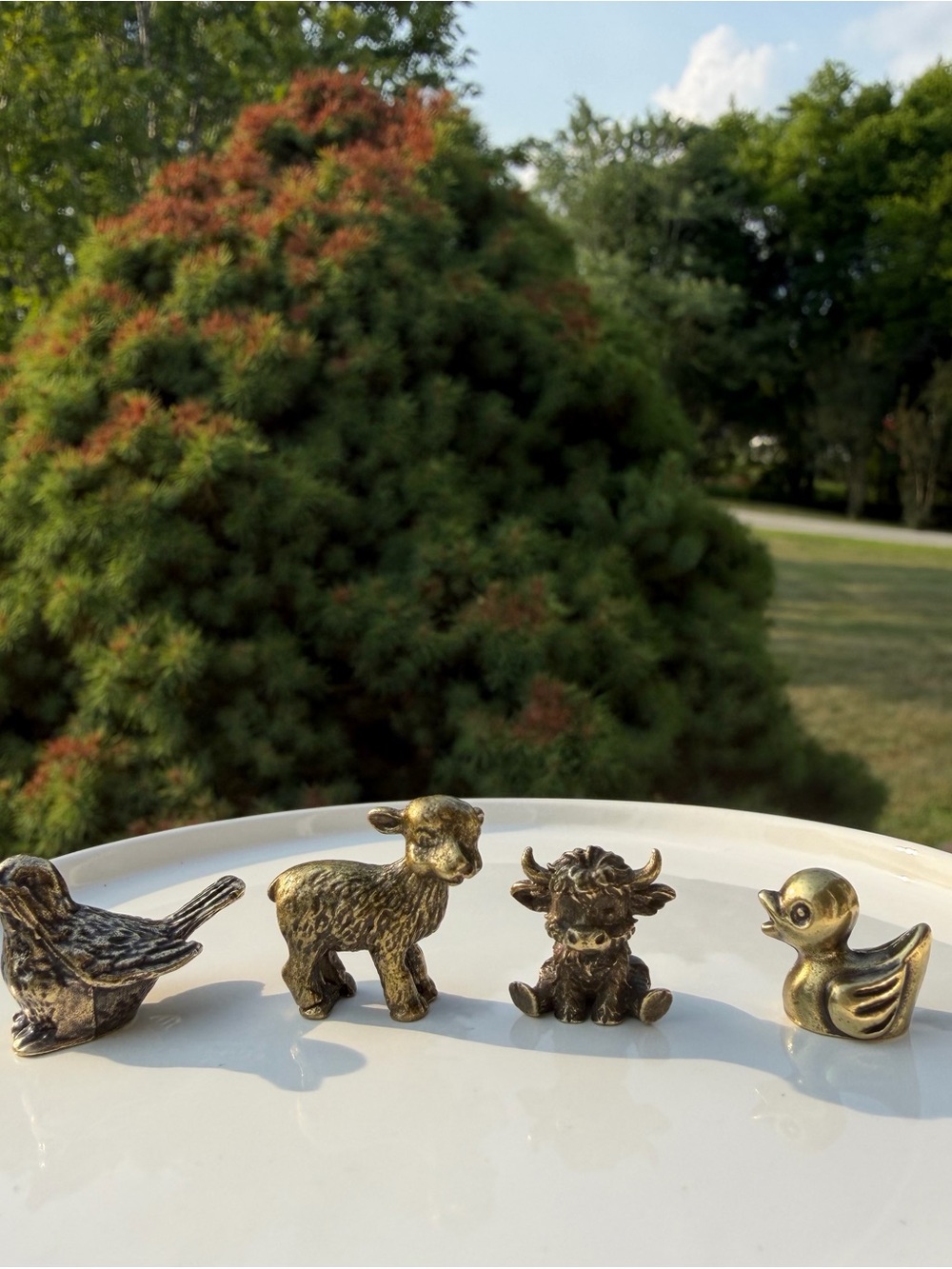 Miniature Brass Figurine Set - Sparrow, Lamb, Highland Cow, Duck